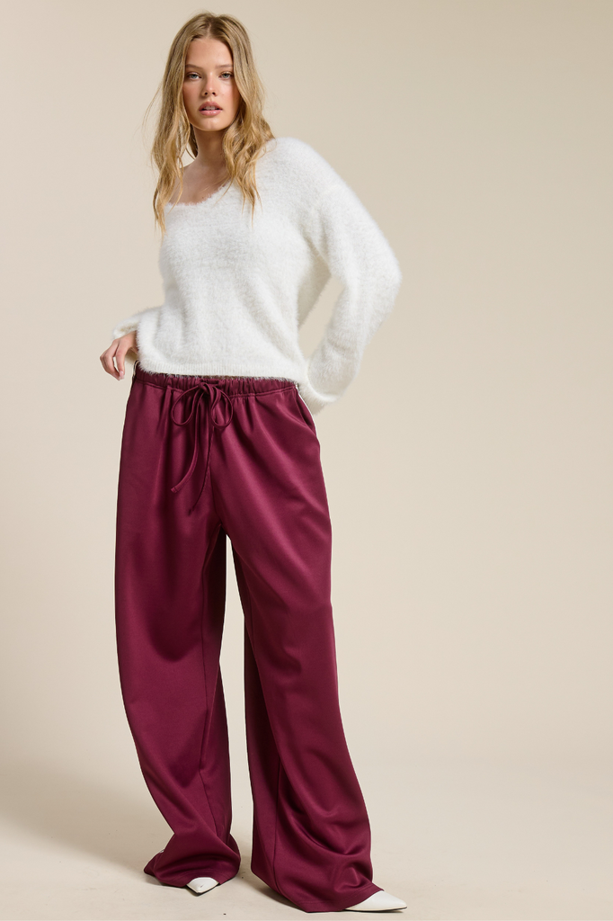 maroon wide leg drawstring track pants 