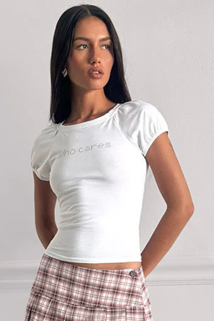 who cares graphic white baby tee