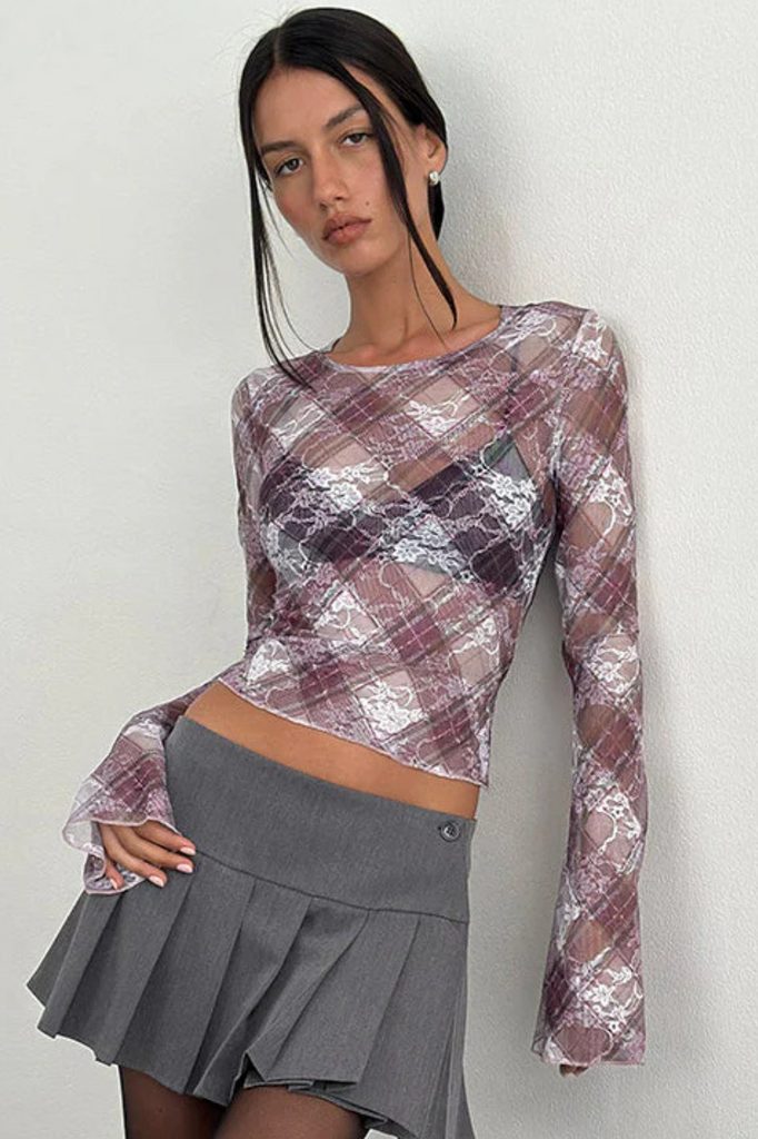 Purple floral print lace sheer mesh top