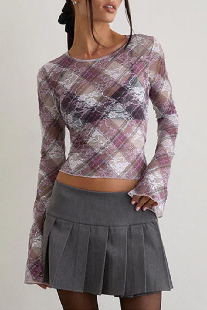 Purple floral print lace sheer mesh top