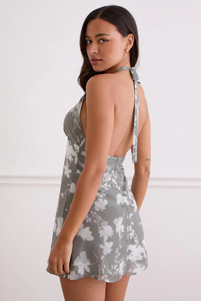 grey and white blurred floral print chiffon halter mini dress