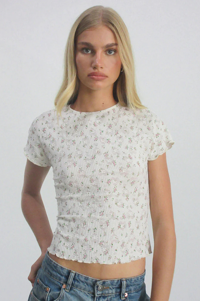 pink floral print lace women's baby tee