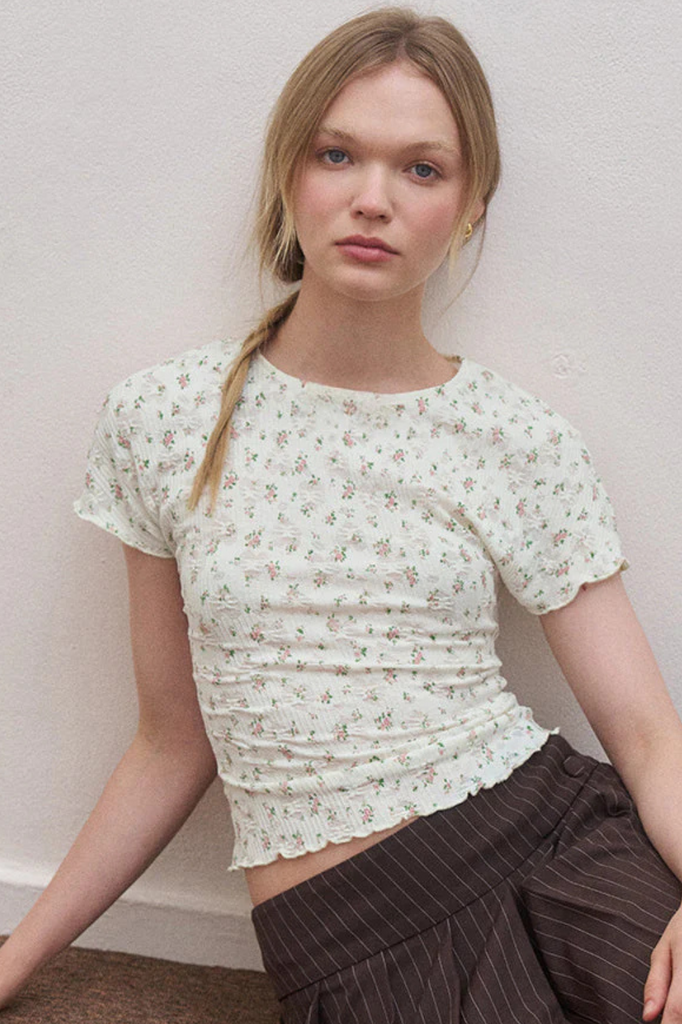 pink floral print lace women's baby tee