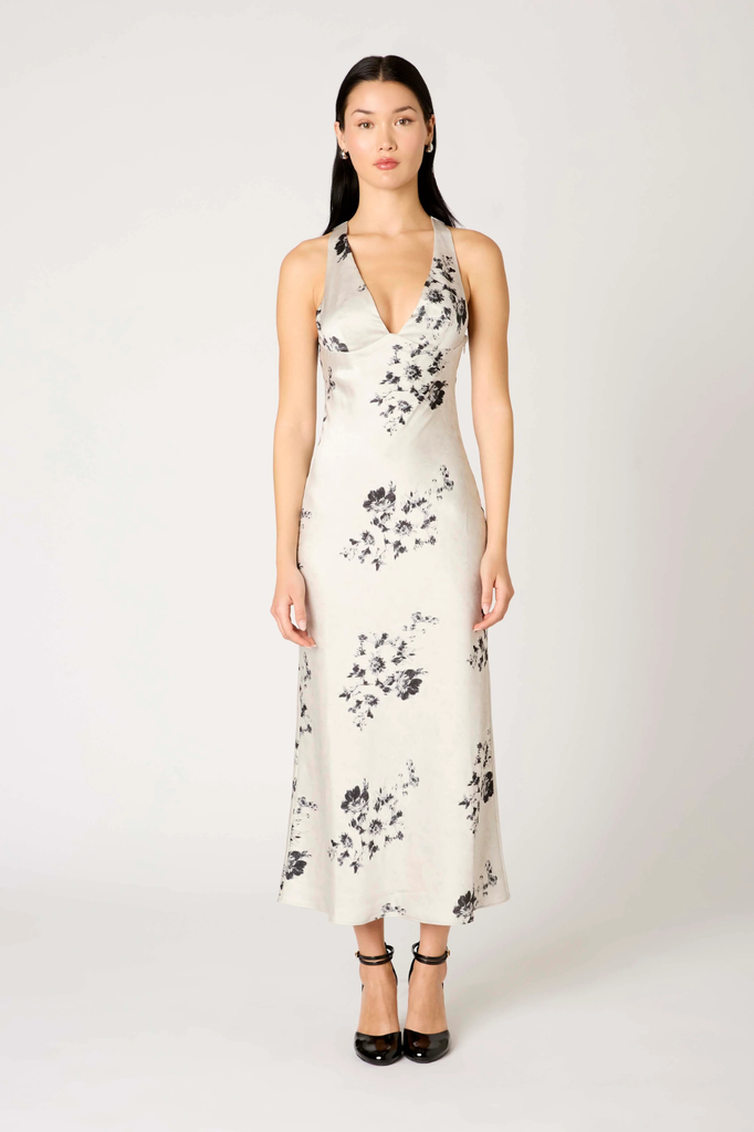 Timeless bias cut satin floral midi dress