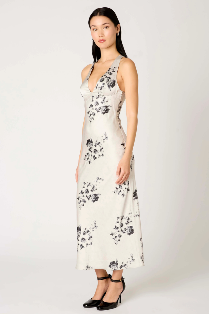 Timeless bias cut satin floral midi dress