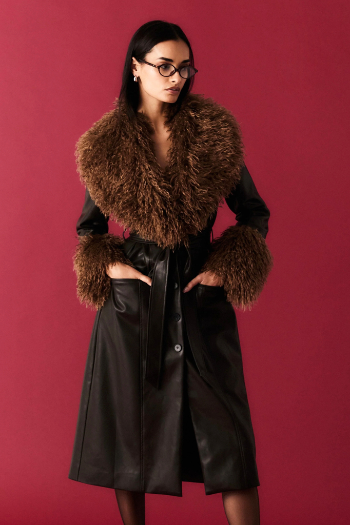 Faux leather brown midi trench with shearling oversized colllar and cuffs, includes matching belt