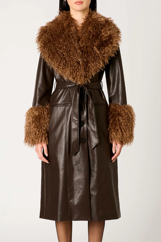 Faux leather brown midi trench with shearling oversized collar and cuffs, includes matching belt