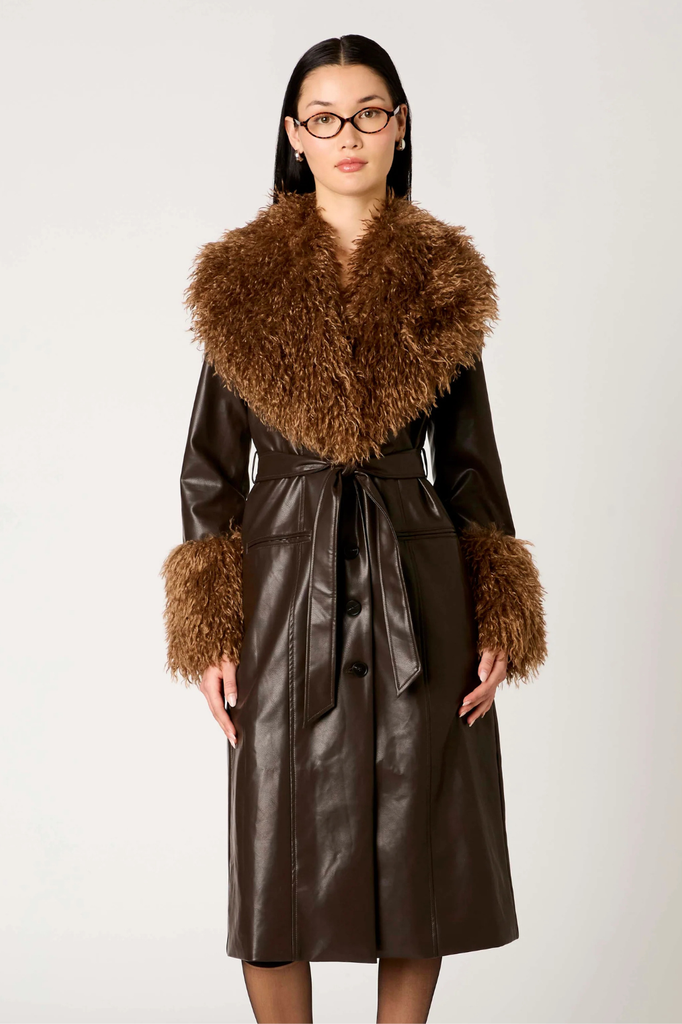 Faux leather brown midi trench with shearling oversized collar and cuffs, includes matching belt