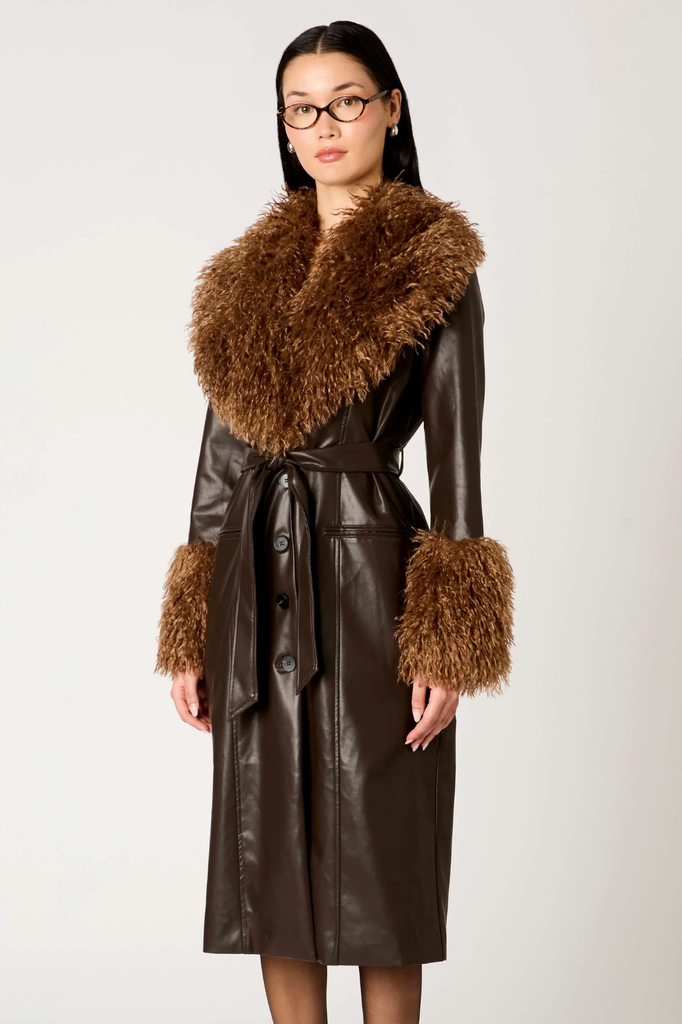 Faux leather brown midi trench with shearling oversized collar and cuffs, includes matching belt