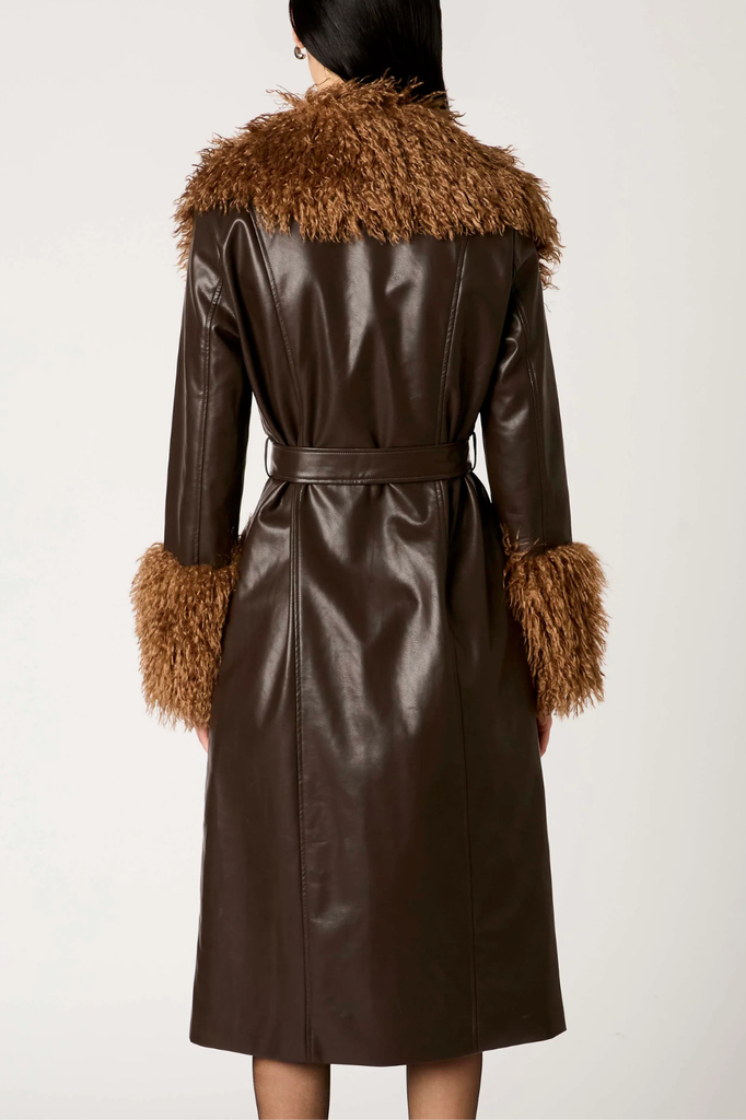 Faux leather brown midi trench with shearling oversized collar and cuffs, includes matching belt