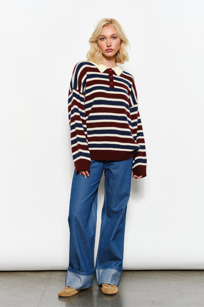Oversized striped rugby knit sweater top burgundy navy cream