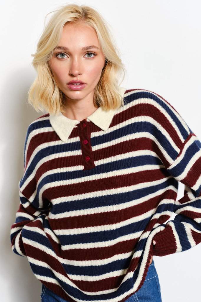 Oversized striped rugby knit sweater top burgundy navy cream