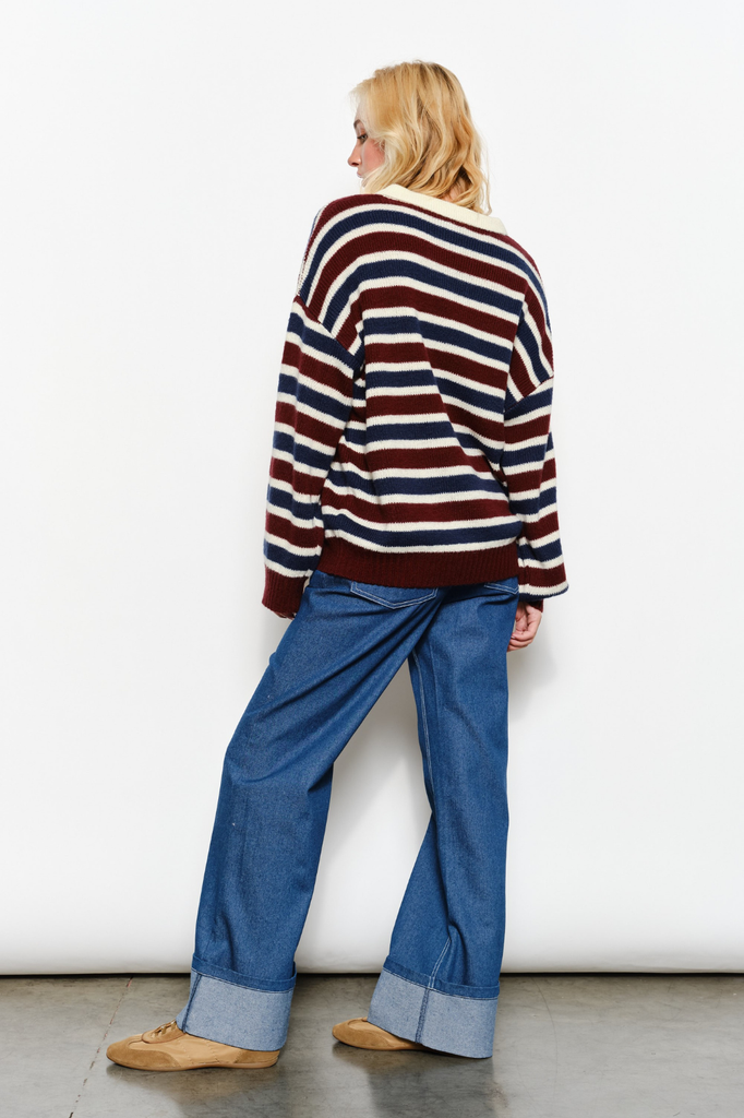 Oversized striped rugby knit sweater top burgundy navy cream