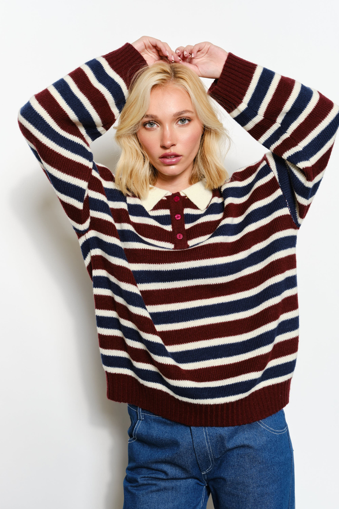 Oversized striped rugby knit sweater top burgundy navy cream