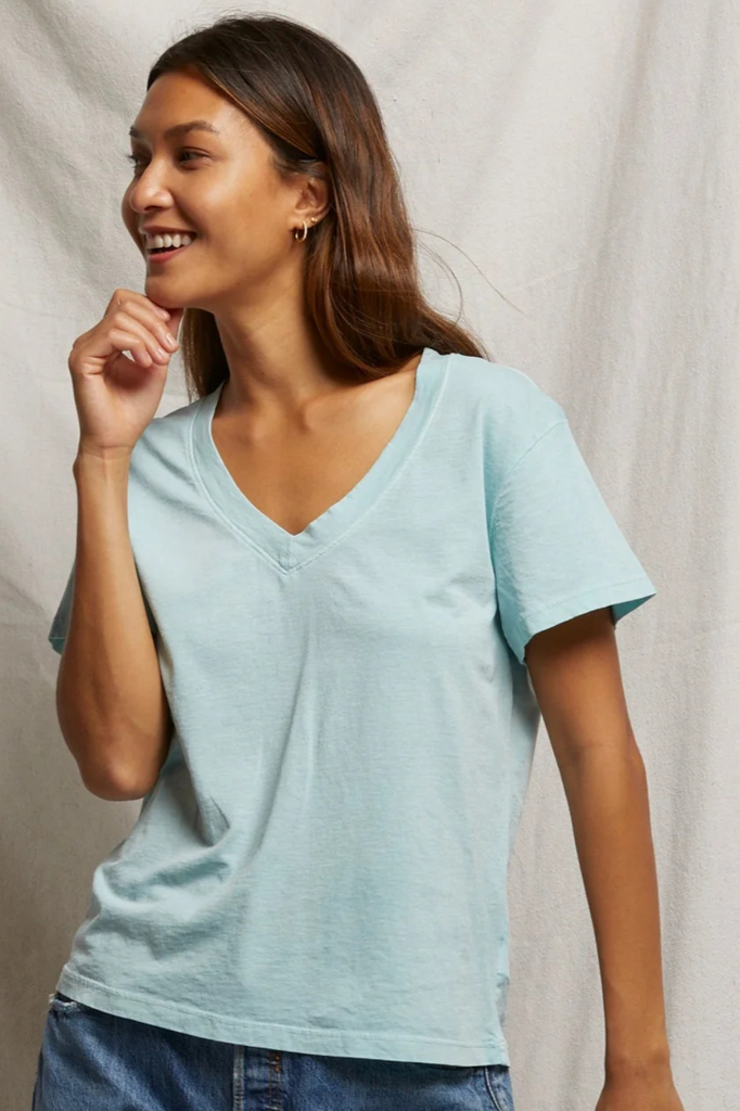 short sleeved relaxed fit light blue v-neck