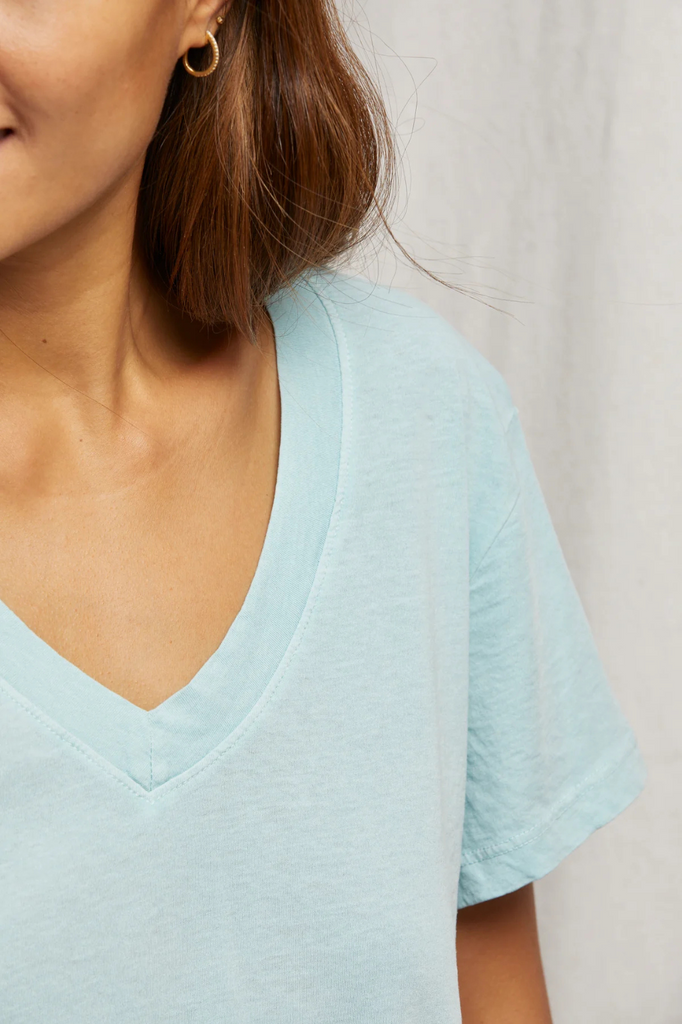 short sleeved relaxed fit light blue v-neck