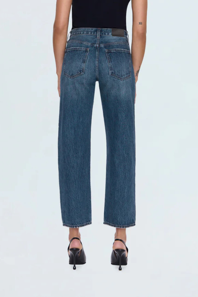 Mid-rise straight bow-legged blue jeans