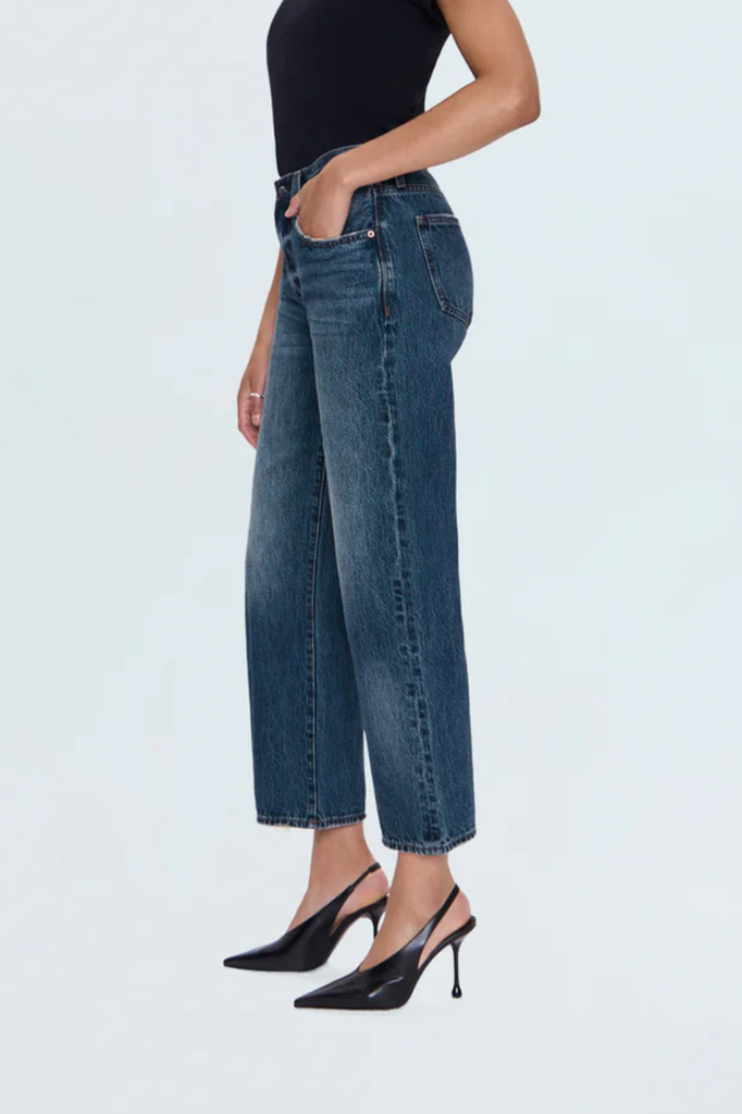 Mid-rise straight bow-legged blue jeans