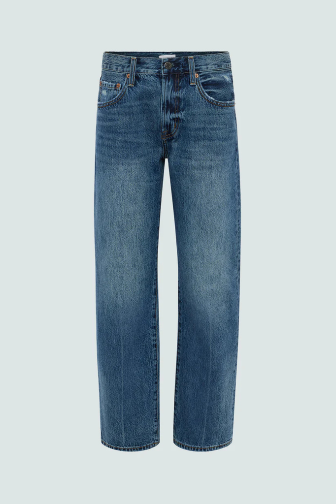 Mid-rise straight bow-legged blue jeans