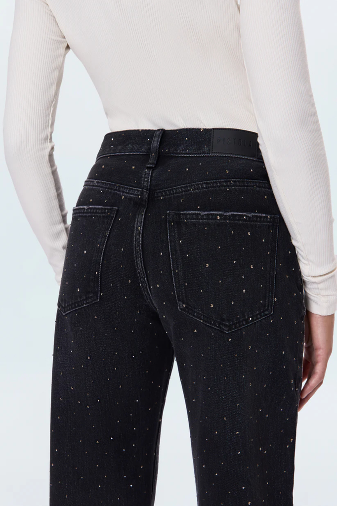 Bedazzled black mid-rise straight bow-legged jeans