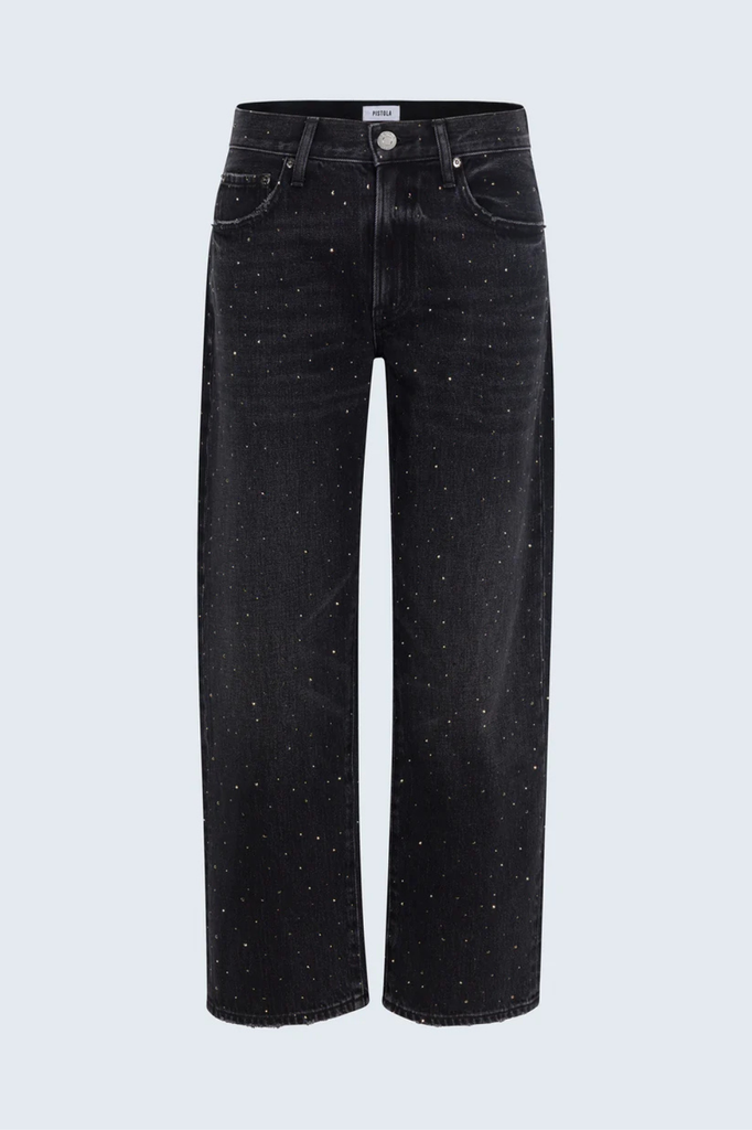 Bedazzled black mid-rise straight bow-legged jeans