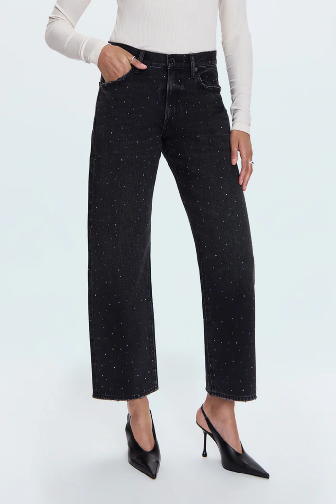 Bedazzled black mid-rise straight bow-legged jeans