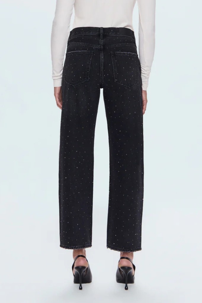 Bedazzled black mid-rise straight bow-legged jeans