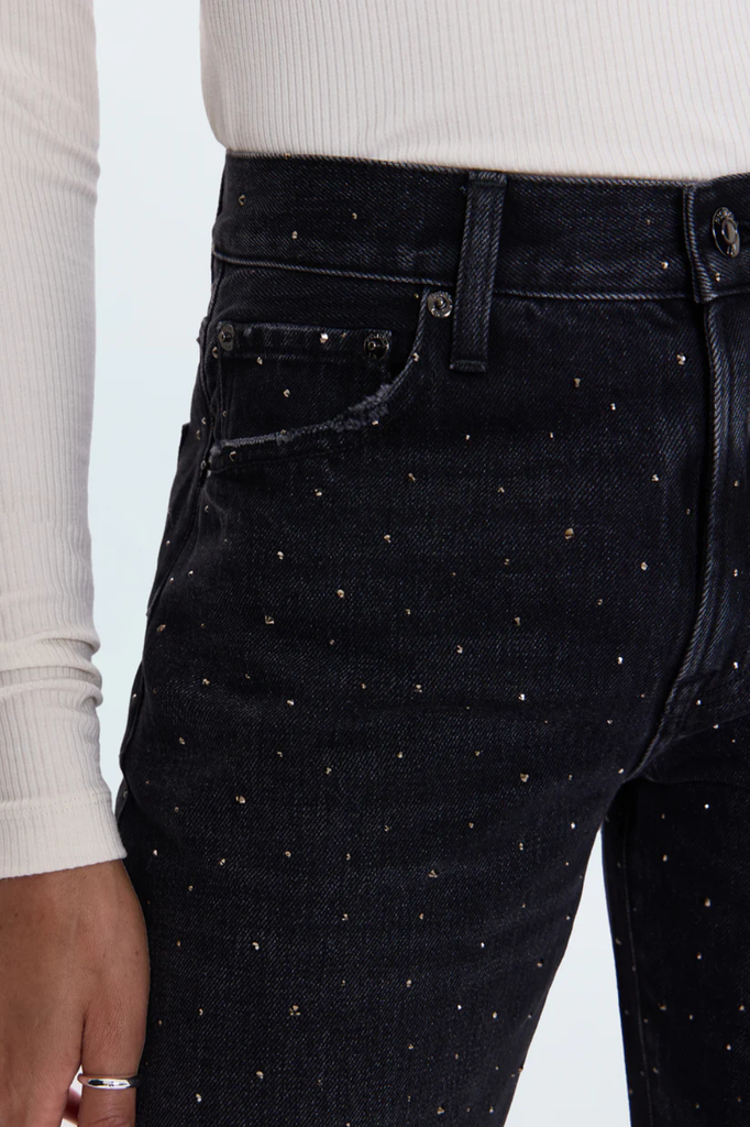 Bedazzled black mid-rise straight bow-legged jeans