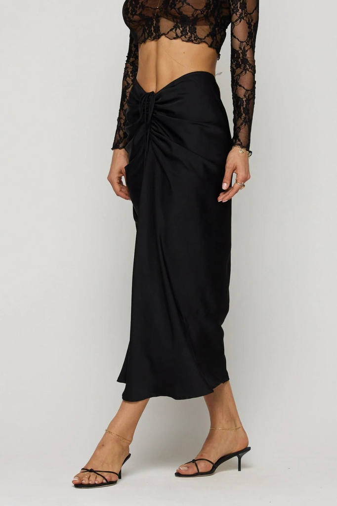 black satin cinched front maxi skirt