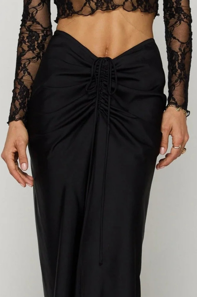 black satin cinched front maxi skirt