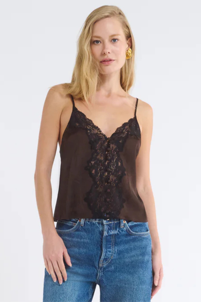 Silky espresso brown top with scalloped lace design