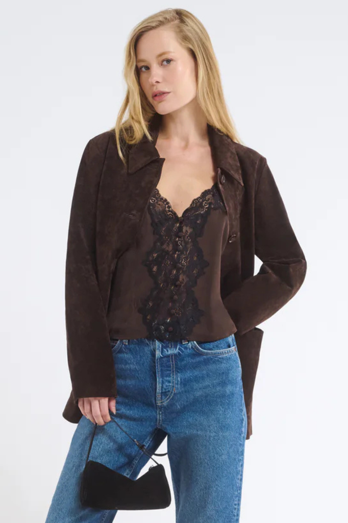 Silky espresso brown top with scalloped lace design