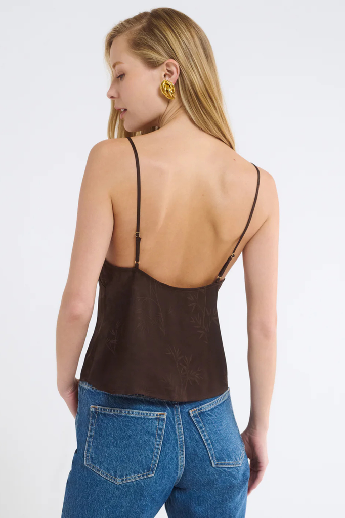 Silky espresso brown top with scalloped lace design