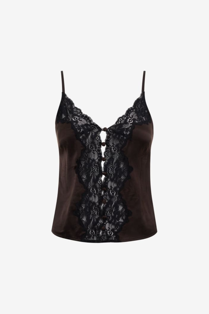 Silky espresso brown top with scalloped lace design