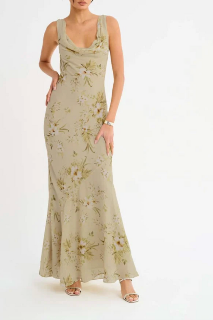 Sage green floral maxi dress made in a lightweight crepe fabric