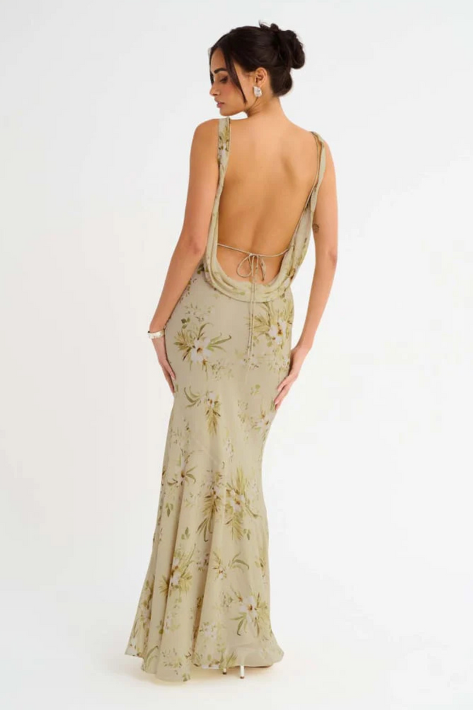 Sage green floral maxi dress made in a lightweight crepe fabric