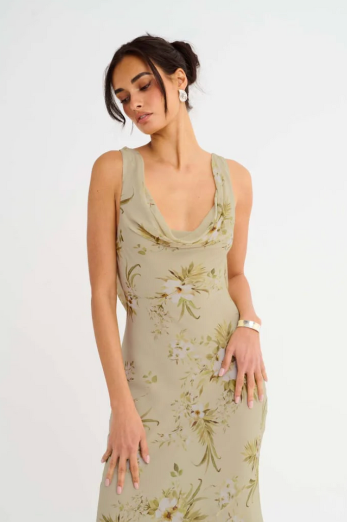 Sage green floral maxi dress made in a lightweight crepe fabric