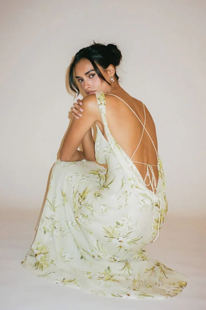 Sage green floral maxi dress made in a lightweight crepe fabric