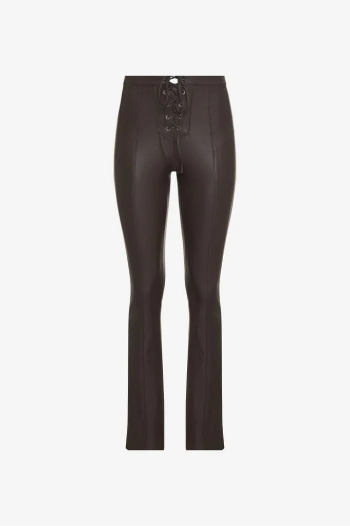 Dark brown pants in a stretchy, fitted faux leather