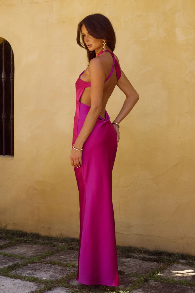 magenta pink satin maxi halter slip dress