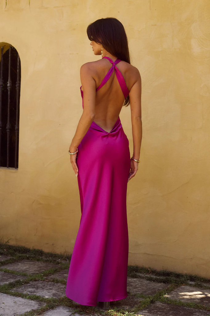 magenta pink satin maxi halter slip dress