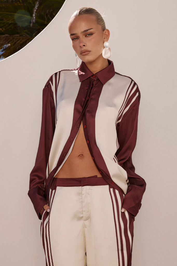 Satiny oversized burgundy and cream button up shirt