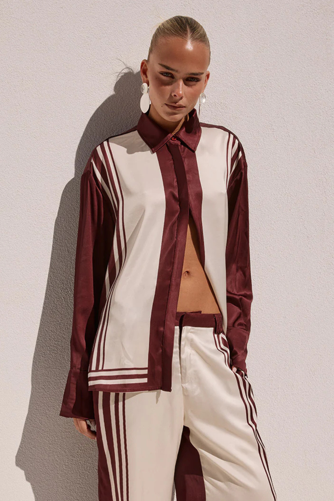 Satiny oversized burgundy and cream button up shirt