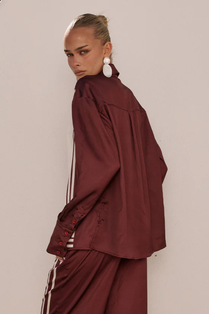 Satiny oversized burgundy and cream button up shirt