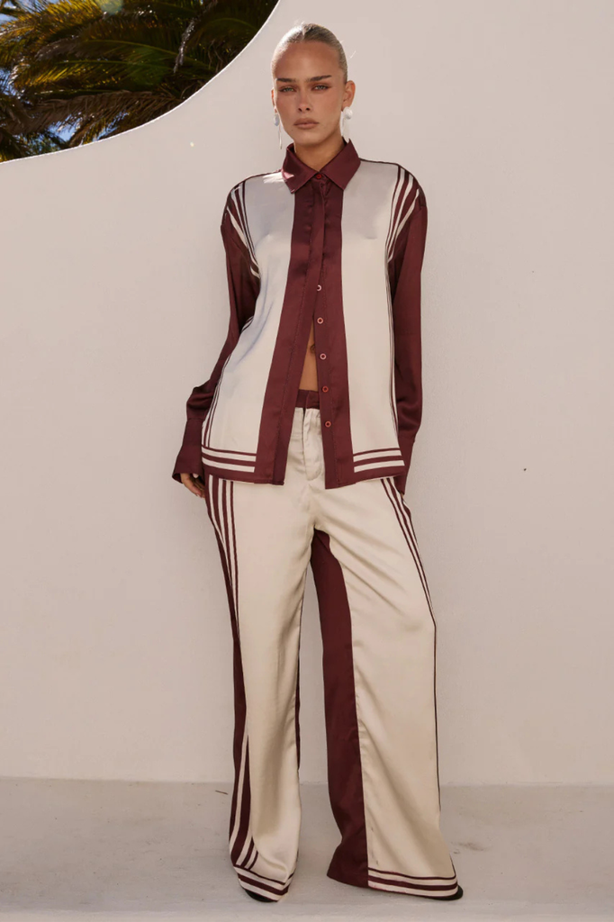 Satiny oversized burgundy and cream button up shirt