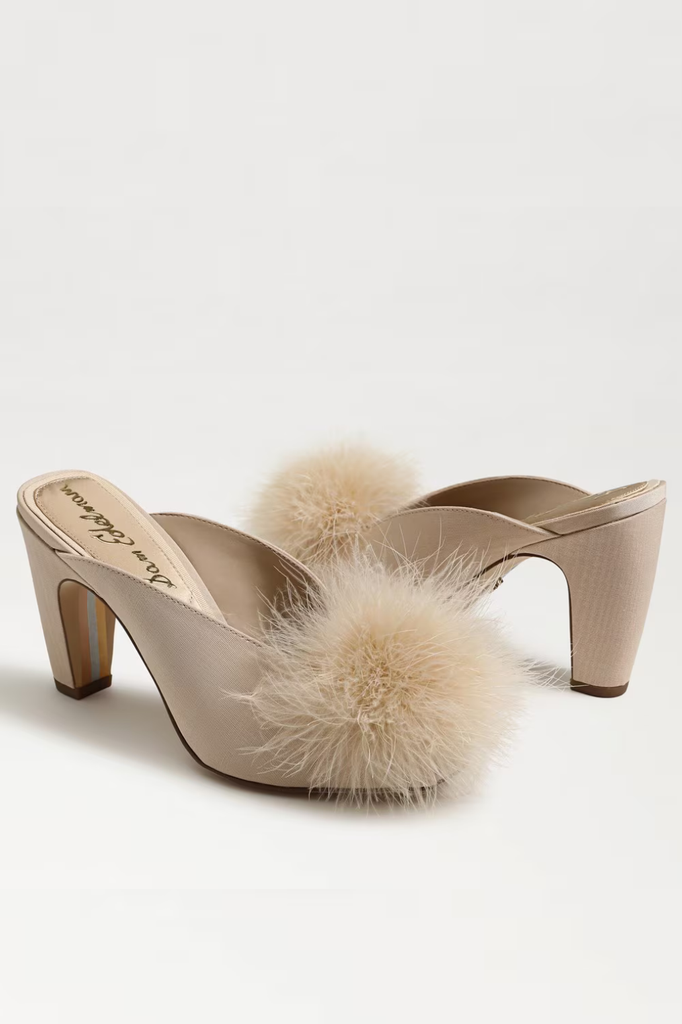 Cute statement dress mule heel with faux fur pompom accent