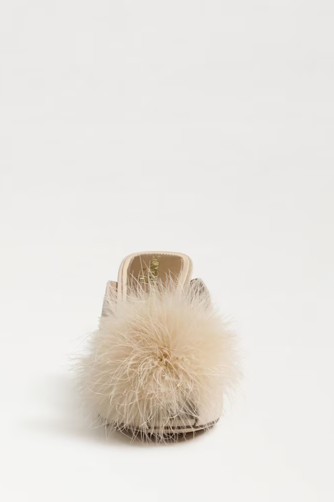 Cute statement dress mule heel with faux fur pompom accent