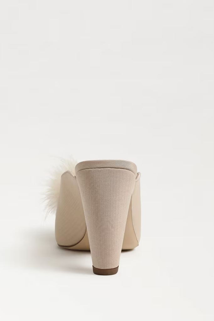 Cute statement dress mule heel with faux fur pompom accent