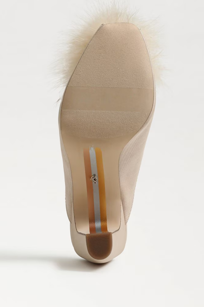 Cute statement dress mule heel with faux fur pompom accent