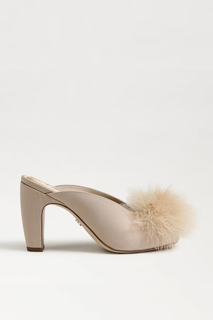 Cute statement dress mule heel with faux fur pompom accent